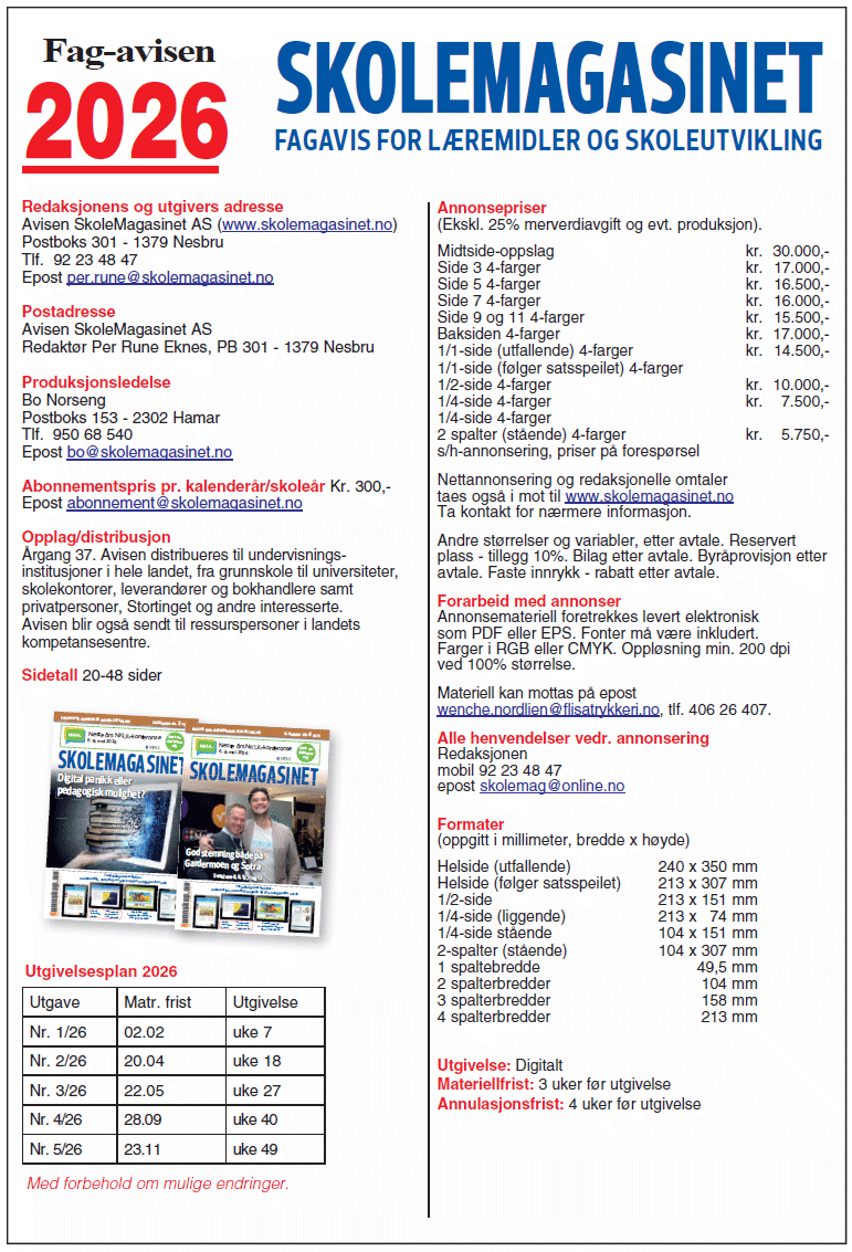 Skolemagasinet utgivelsesplan 2026